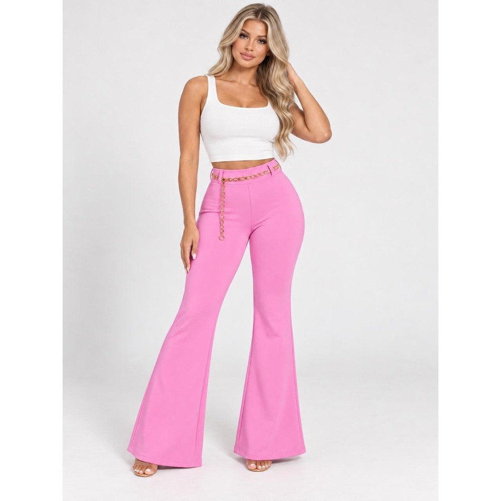 Bubblegum Pink Scuba Flare Pants Chain Belt Y2K McBling Barbiecore Femme Fatale
